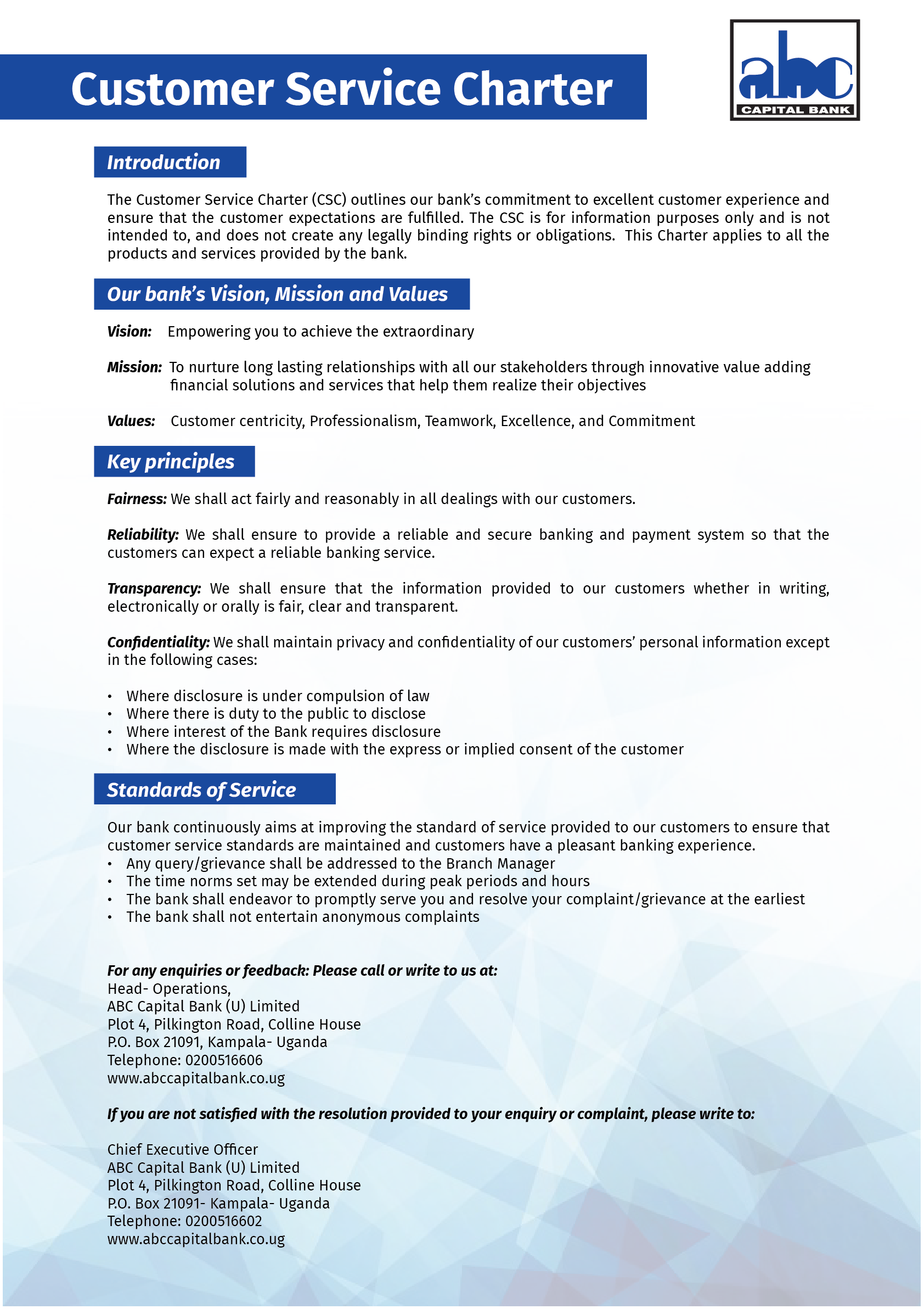 Customer Service Charter - ABC CAPITAL BANK